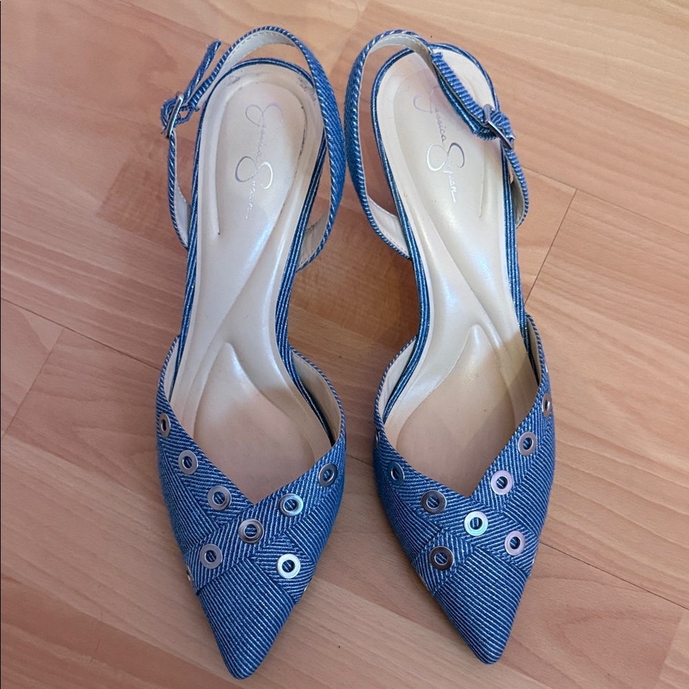 Jessica Simpson blue jean silver pointy heels